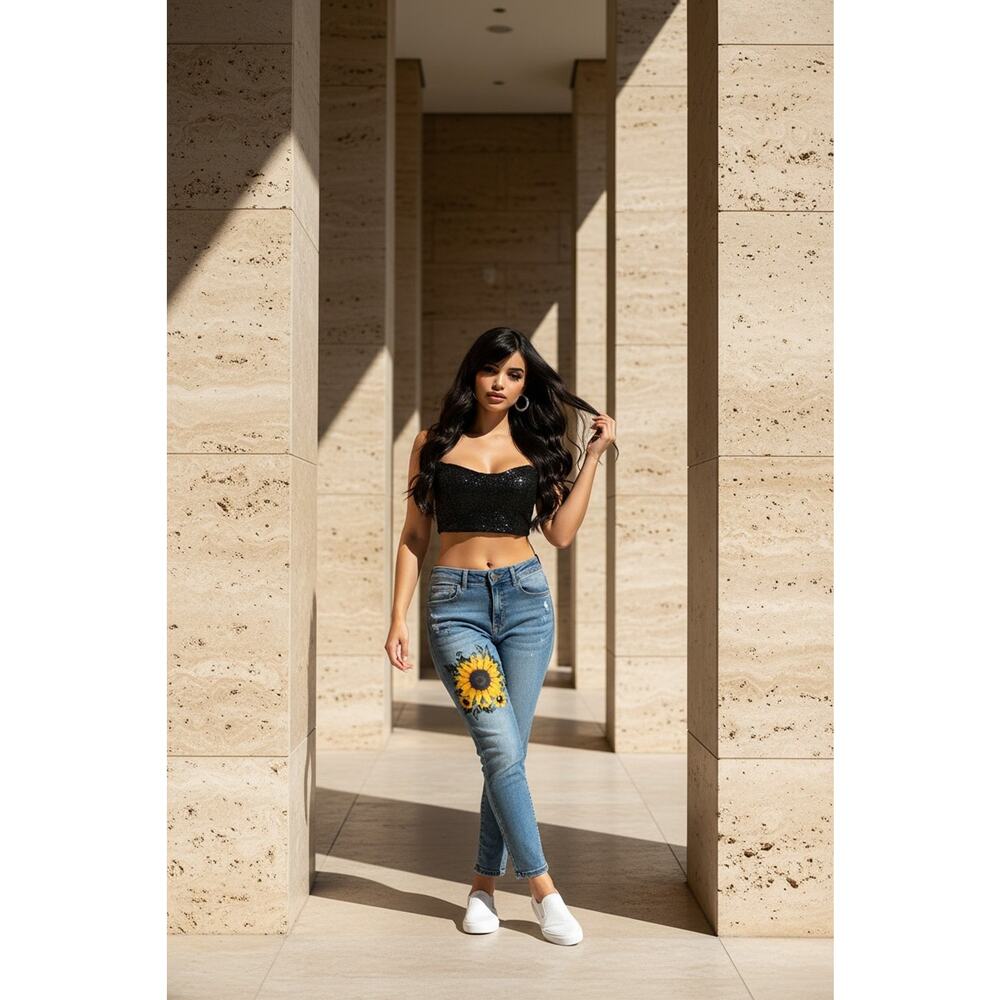 High Rise Skinny Blue Jeans Sunflower Themed. Sexy Romantic Cottagecore 12 - Picture 2 of 12